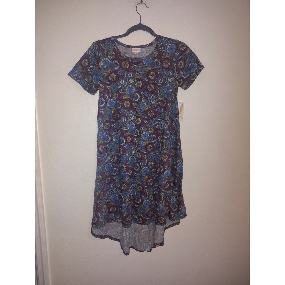 LuLaRoe Carly Dress XXS New With Tags Blue Purple Medallion High Low Swing Dress